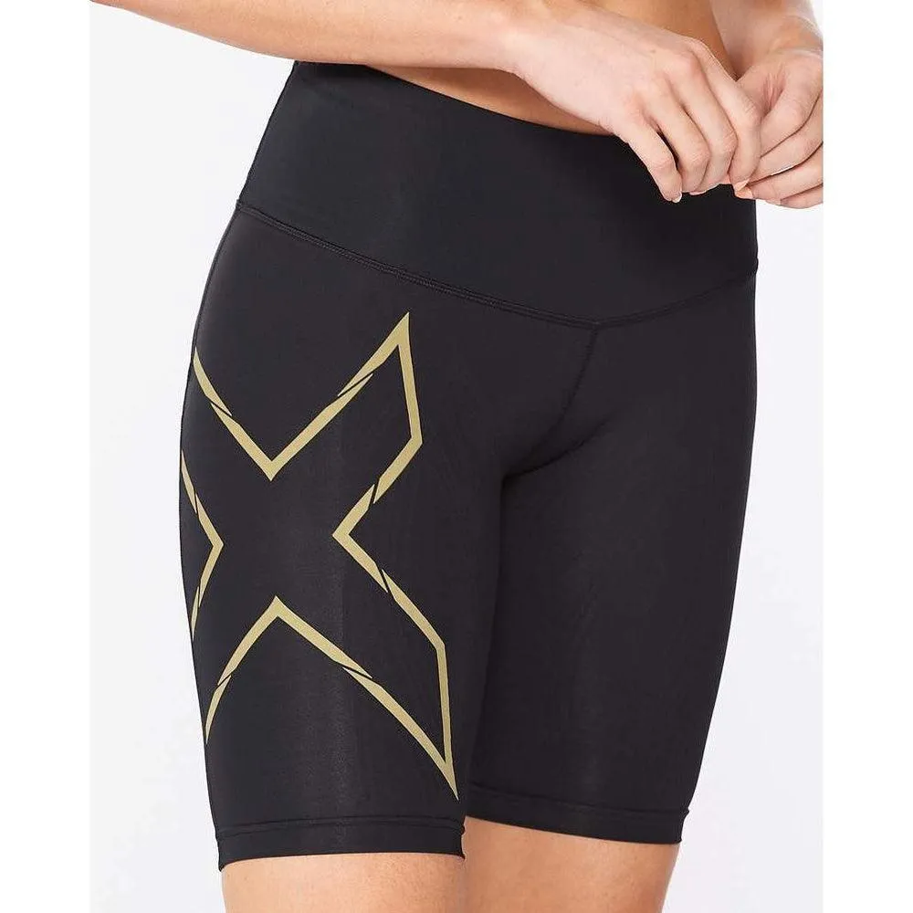 2XU Women's Light Speed Mid-Rise Compression Shorts - Black/Gold Reflective