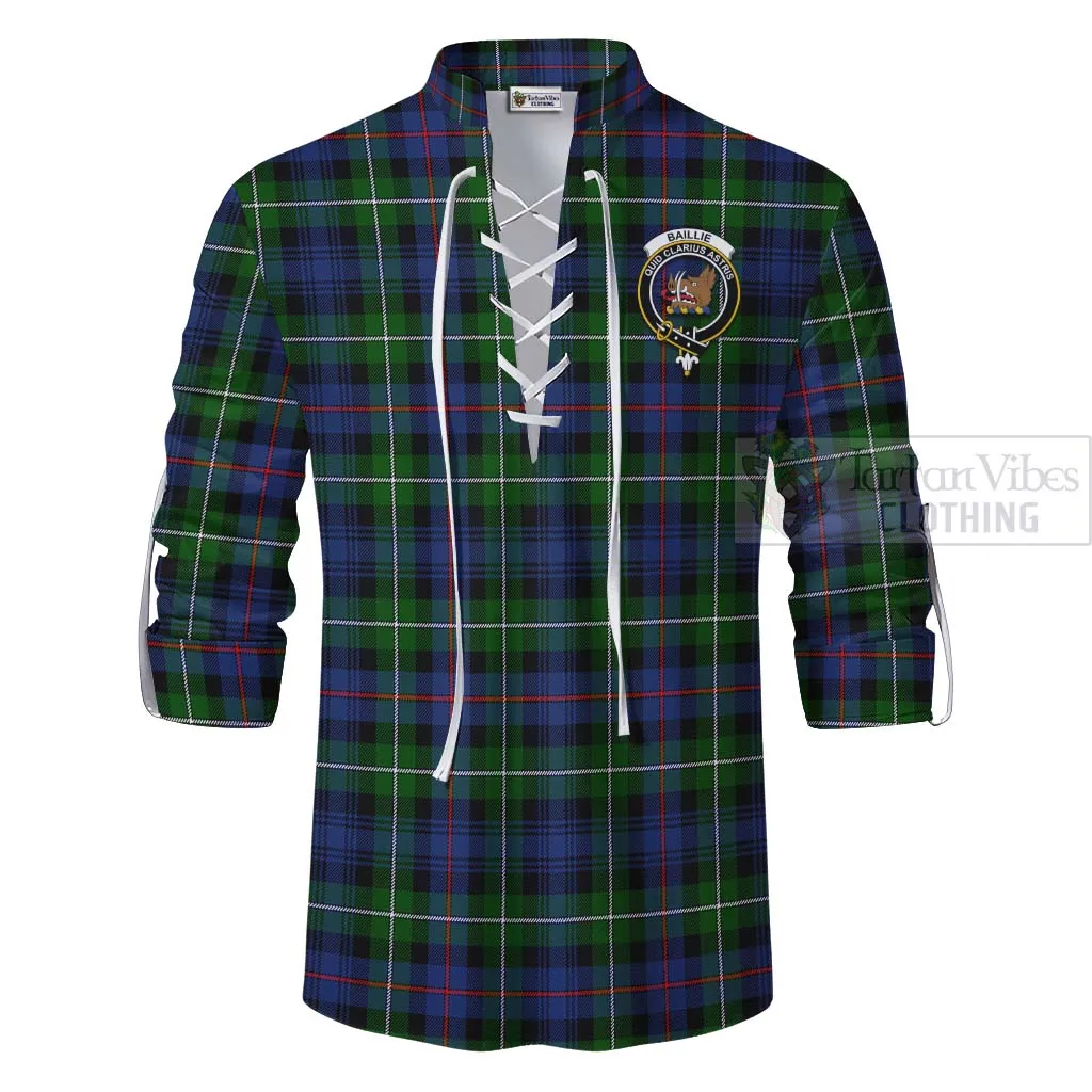 Baillie (Bailey) Tartan Ghillie Kilt Shirt with Family Crest and Bearded Skull Holding Bottles of Whiskey