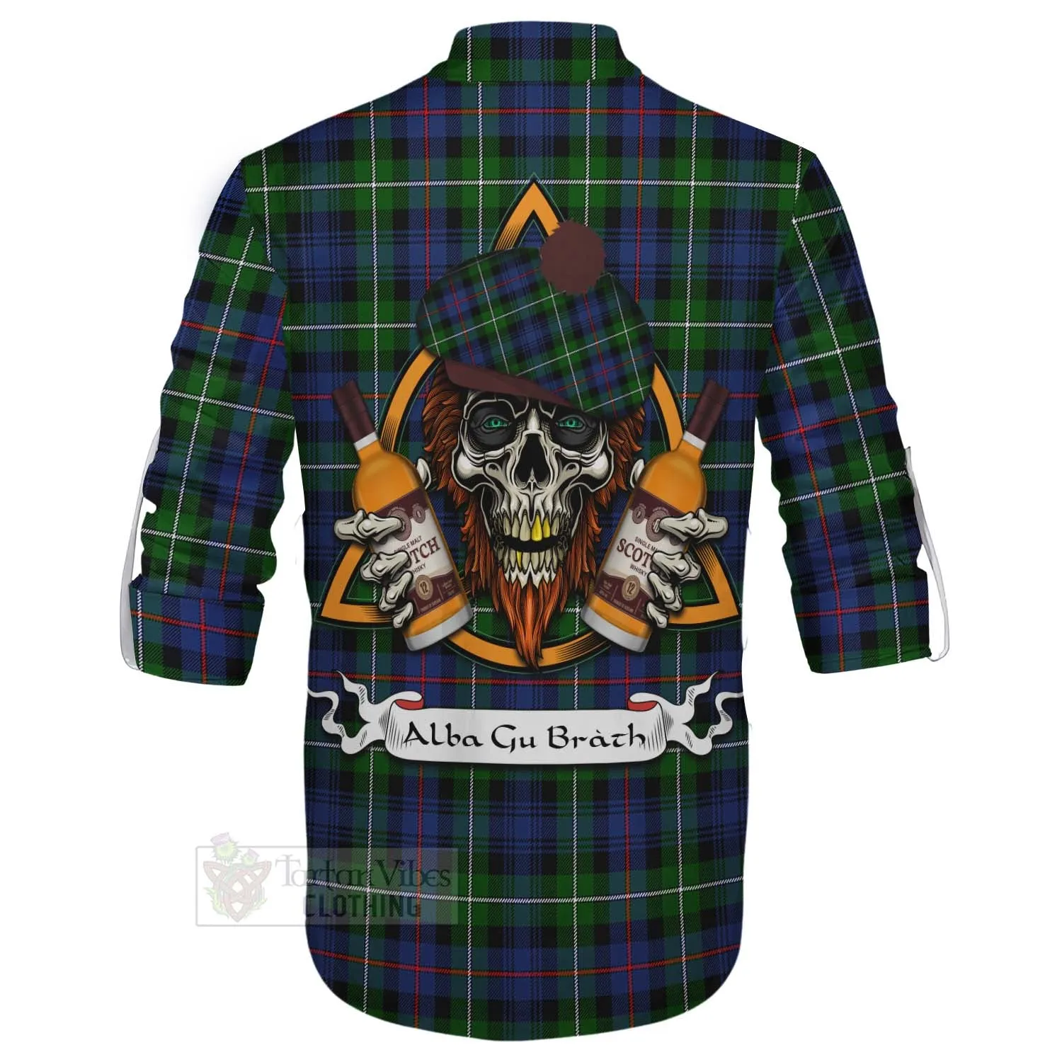 Baillie (Bailey) Tartan Ghillie Kilt Shirt with Family Crest and Bearded Skull Holding Bottles of Whiskey