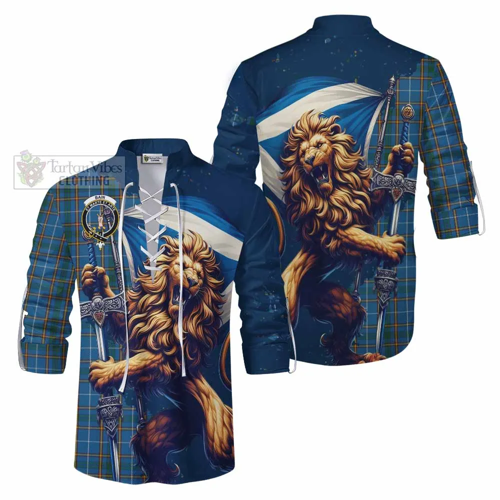 Bain Tartan Family Crest Ghillie Kilt Shirt with Scottish Majestic Lion