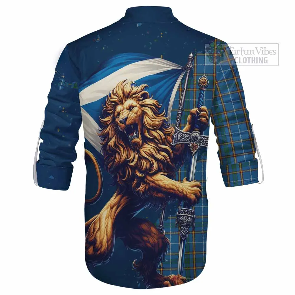 Bain Tartan Family Crest Ghillie Kilt Shirt with Scottish Majestic Lion