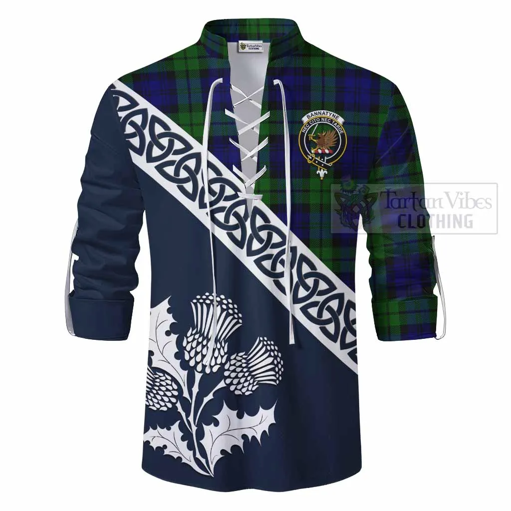 Bannatyne Tartan Ghillie Kilt Shirt Featuring Thistle and Scotland Map