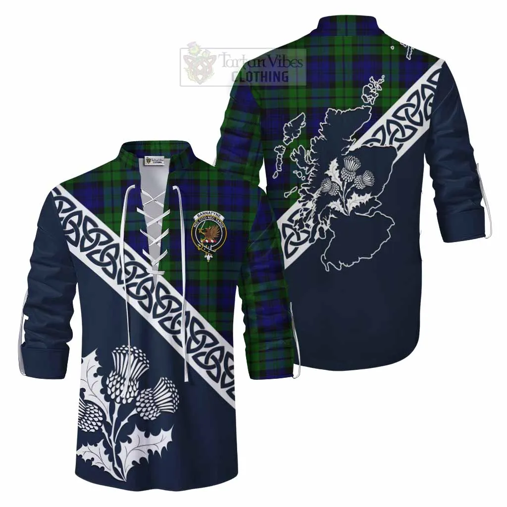 Bannatyne Tartan Ghillie Kilt Shirt Featuring Thistle and Scotland Map