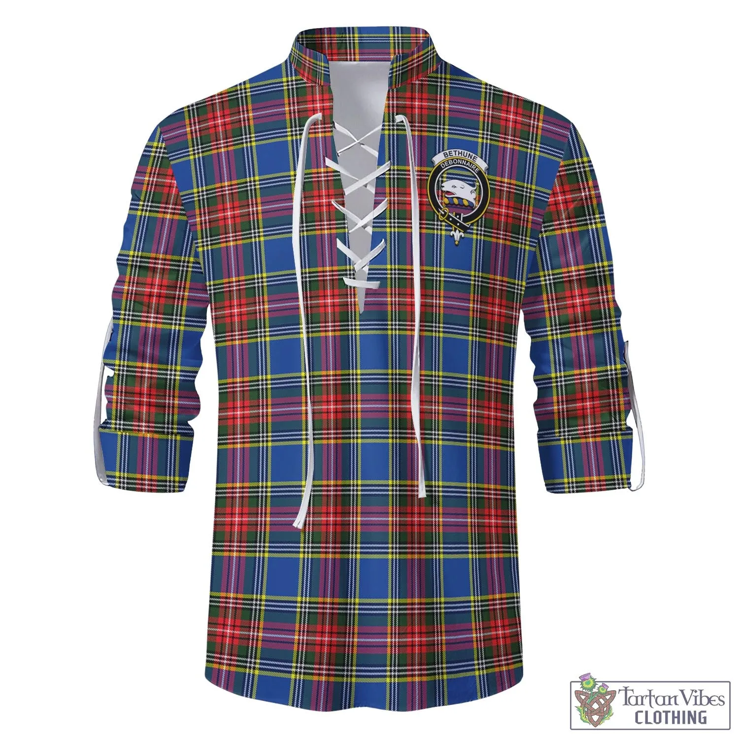 Bethune Tartan Men's Scottish Traditional Jacobite Ghillie Kilt Shirt with Family Crest