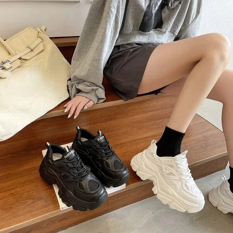 binfenxie New Black Dad Chunky Sneakers Casual Vulcanized Shoes Woman High Platform Sneakers Lace Up White Sneakers Women