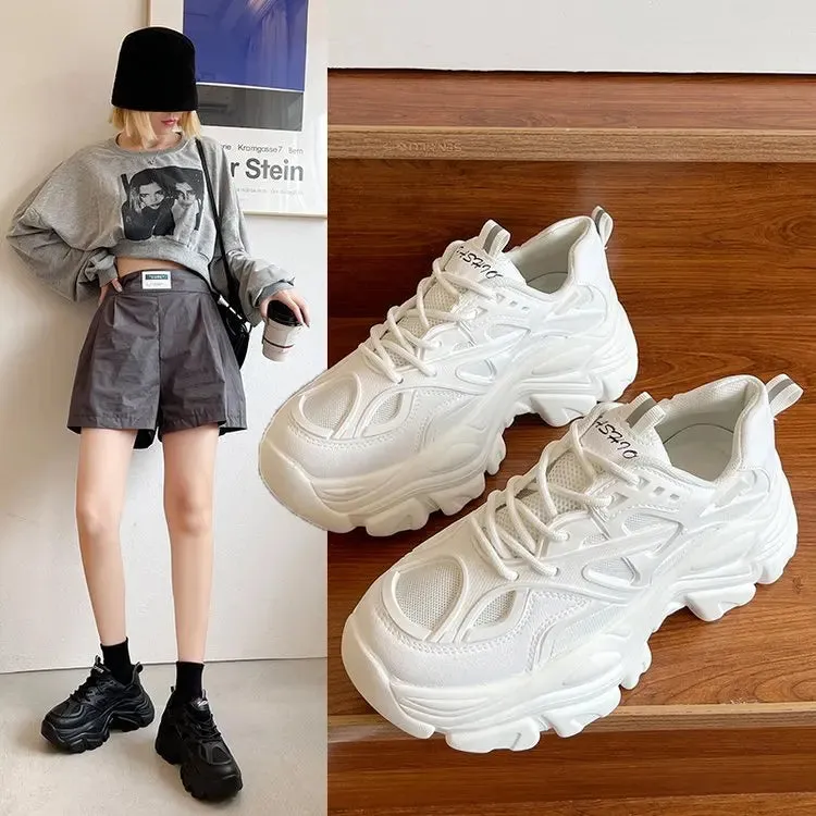 binfenxie New Black Dad Chunky Sneakers Casual Vulcanized Shoes Woman High Platform Sneakers Lace Up White Sneakers Women
