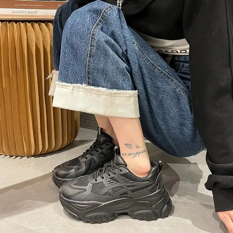 binfenxie New Black Dad Chunky Sneakers Casual Vulcanized Shoes Woman High Platform Sneakers Lace Up White Sneakers Women