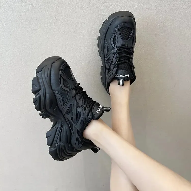 binfenxie New Black Dad Chunky Sneakers Casual Vulcanized Shoes Woman High Platform Sneakers Lace Up White Sneakers Women