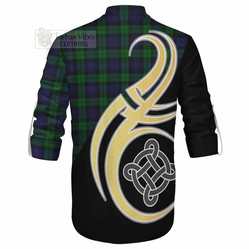 Black Watch Tartan Ghillie Kilt Shirt with Family Crest and Celtic Symbol Style