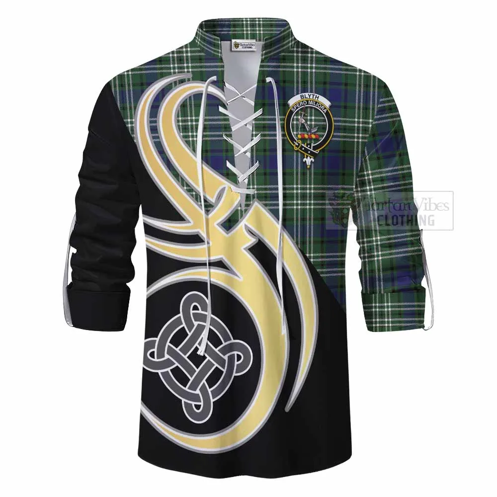 Blyth Tartan Ghillie Kilt Shirt with Family Crest and Celtic Symbol Style