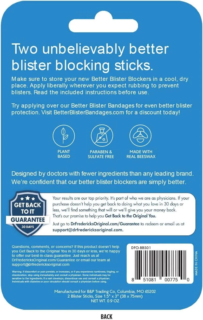 Dr. Frederick’s Original Better Blister Blocker 0.90 oz - 2 Sticks - Anti Chafing Stick - Anti Blister Balm - Blister Prevention & Pain Relief -  Anti Chafe Stick for Travel - Theme Park Essentials