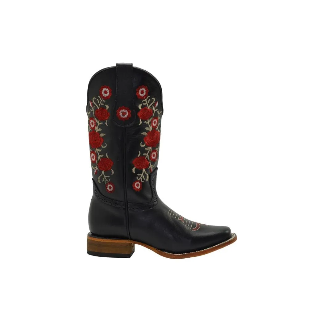 JB16-07 Black Women Square Toe Boots Red Flowers