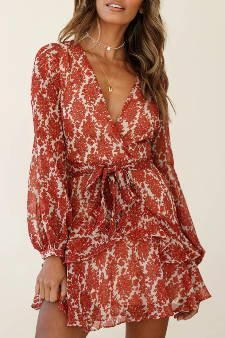 Kerry Layered Balloon Sleeve Dress Floral Pattern Beige