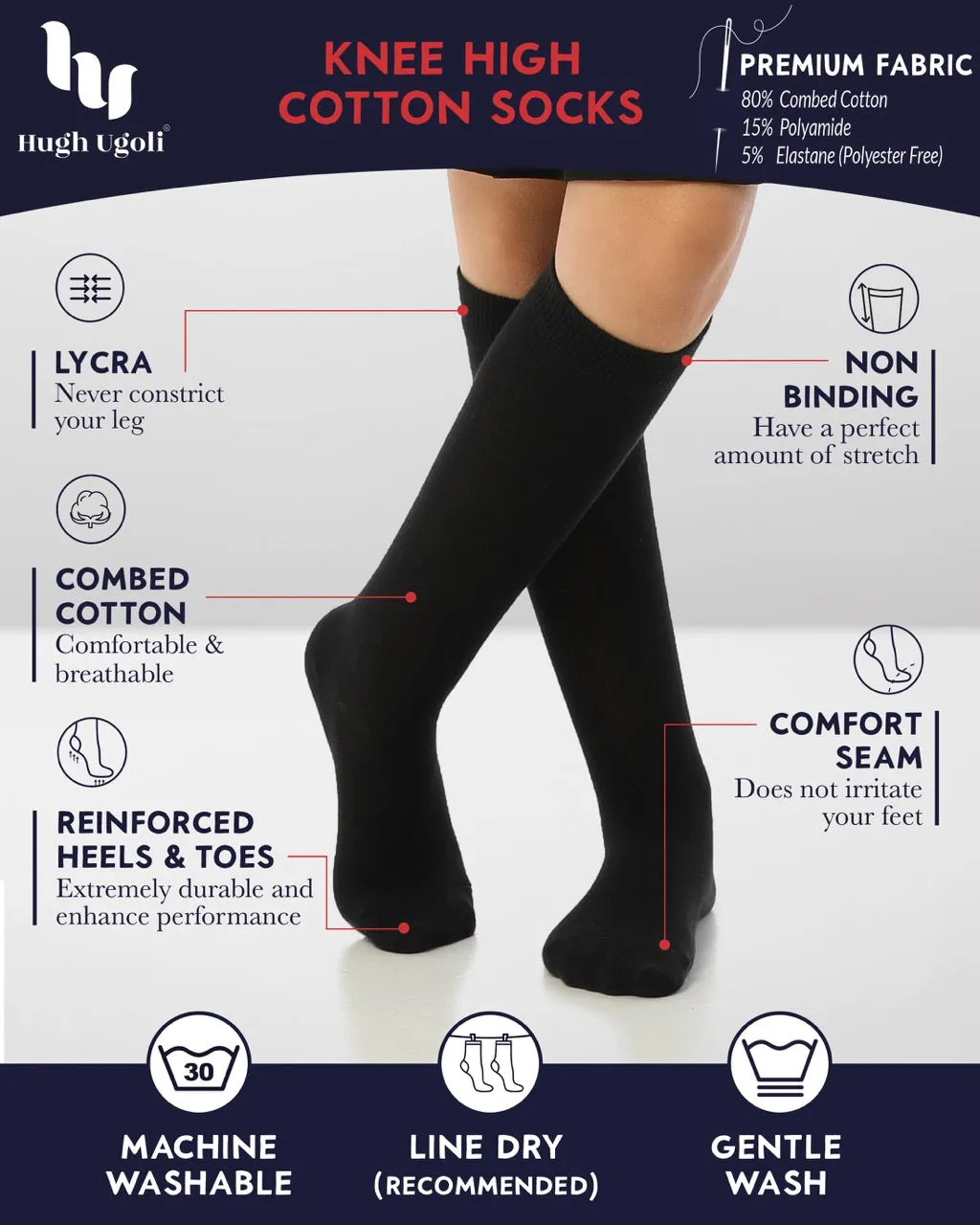Kids' Plain Cotton Dress Knee-High Socks, 4 Pairs