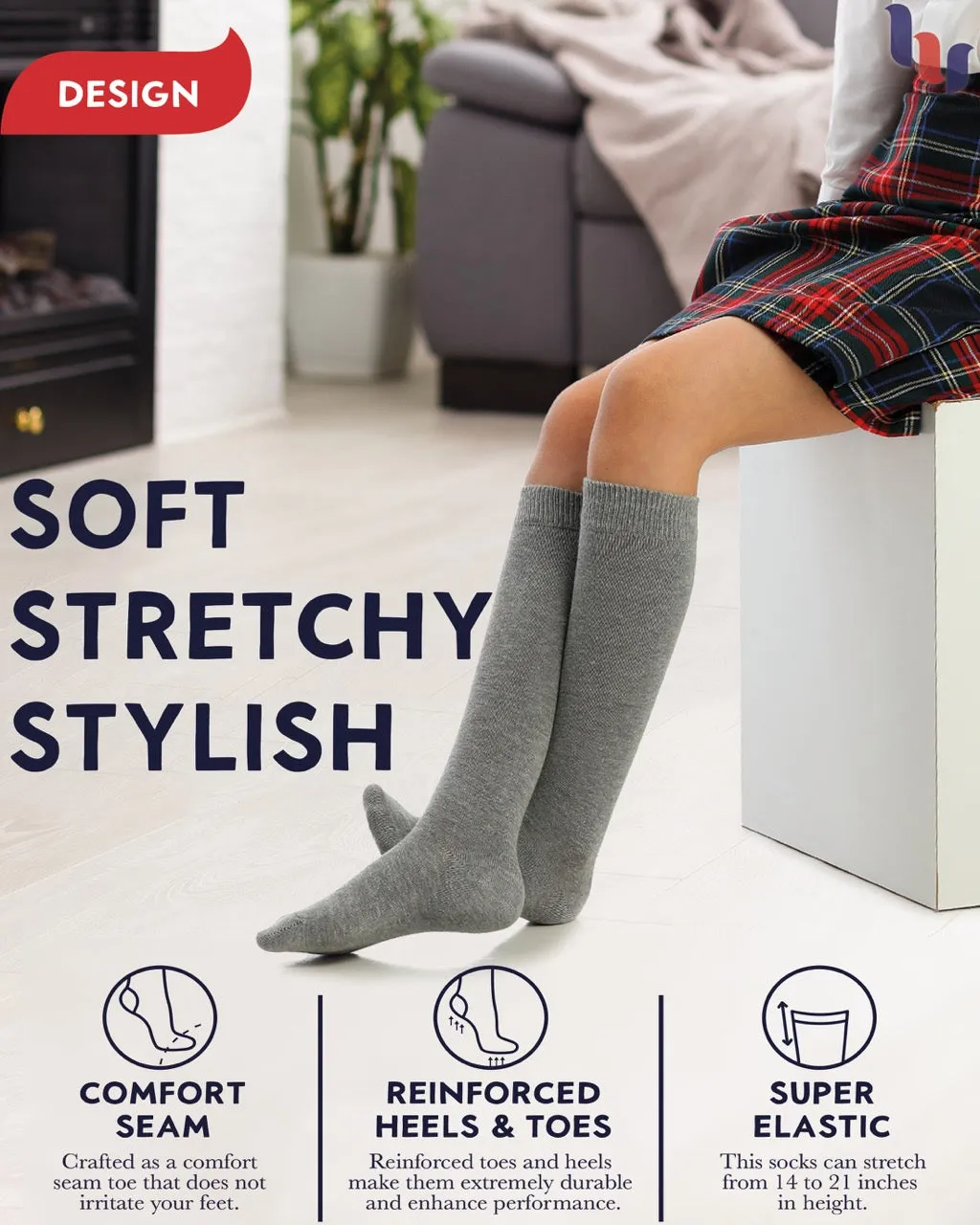 Kids' Plain Cotton Dress Knee-High Socks, 4 Pairs