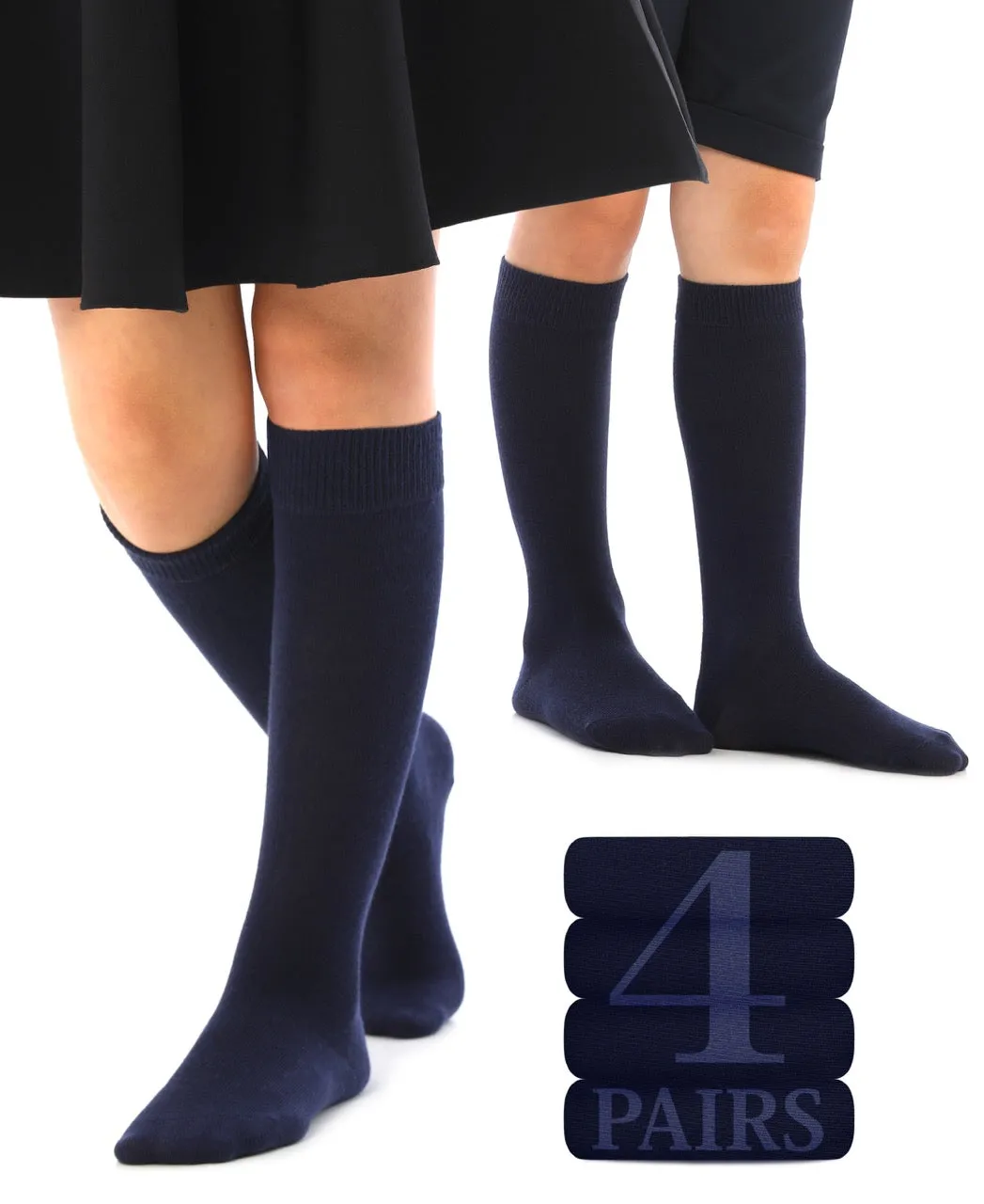 Kids' Plain Cotton Dress Knee-High Socks, 4 Pairs