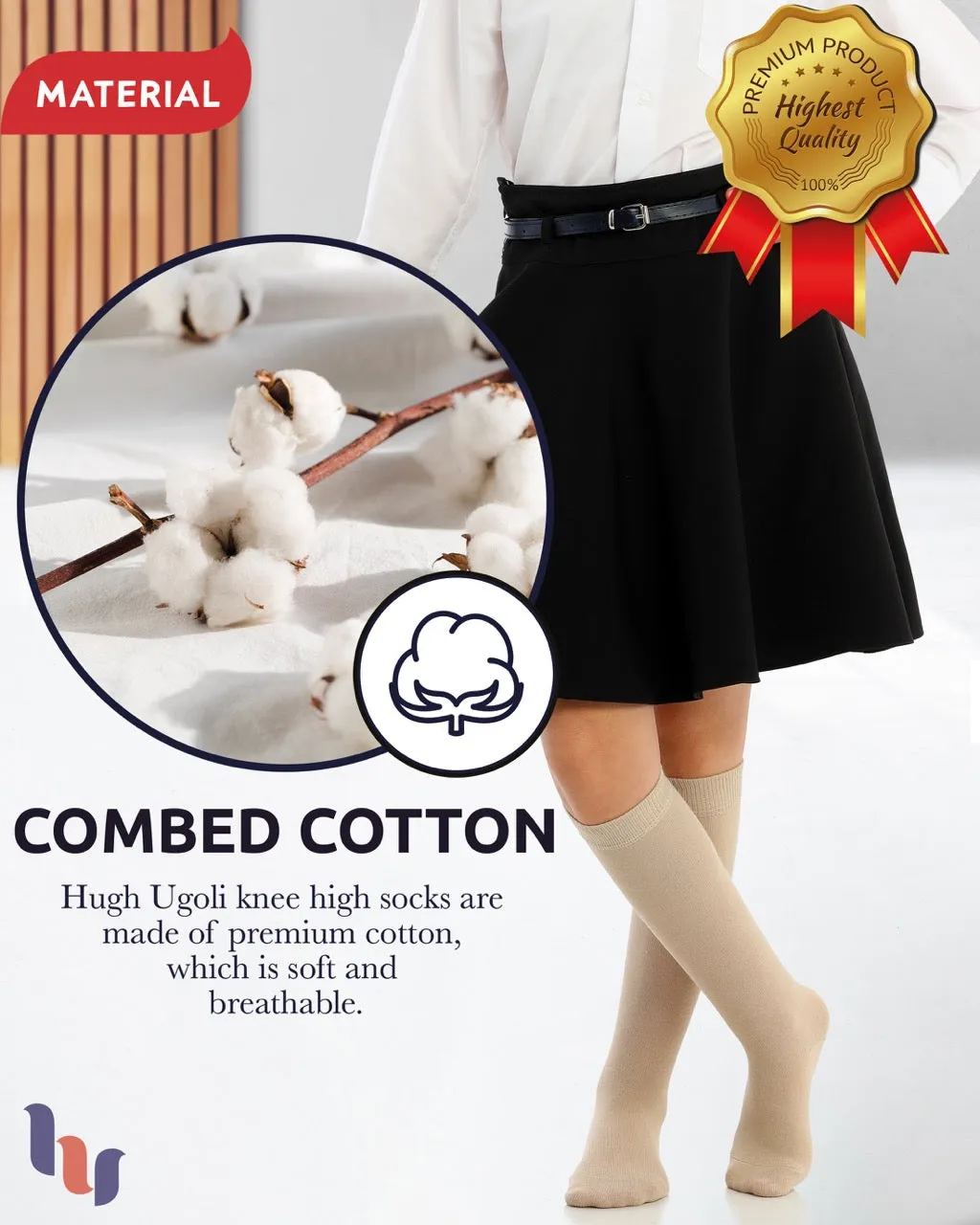 Kids' Plain Cotton Dress Knee-High Socks, 4 Pairs