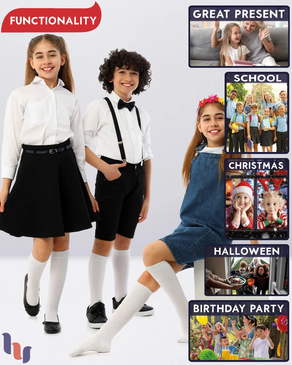 Kids' Plain Cotton Dress Knee-High Socks, 4 Pairs