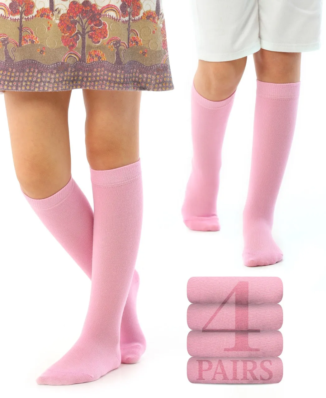 Kids' Plain Cotton Dress Knee-High Socks, 4 Pairs
