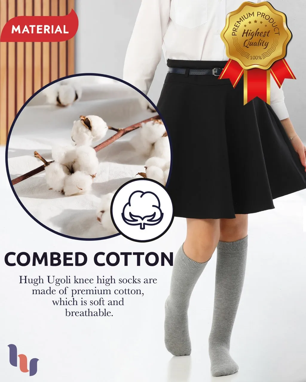 Kids' Plain Cotton Dress Knee-High Socks, 4 Pairs