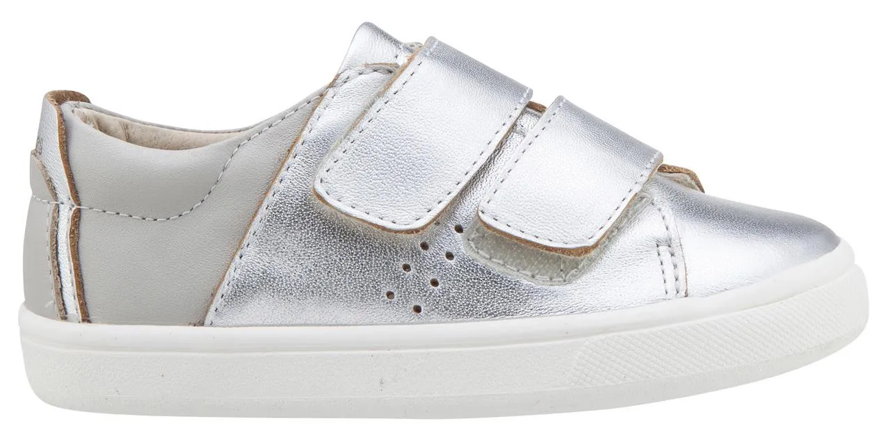 Old Soles Boy's & Girl's 6024 Toko Shoe Silver and Grey Leather Bicolor Sneaker Shoe with Double Hook and Loop Straps