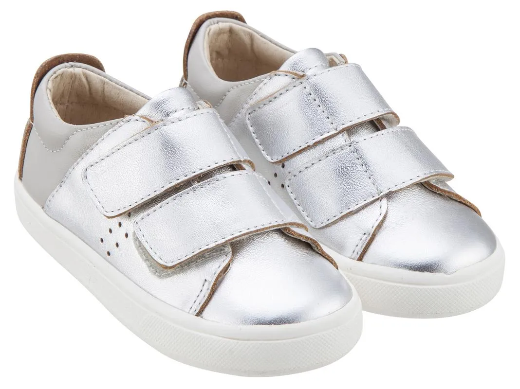 Old Soles Boy's & Girl's 6024 Toko Shoe Silver and Grey Leather Bicolor Sneaker Shoe with Double Hook and Loop Straps