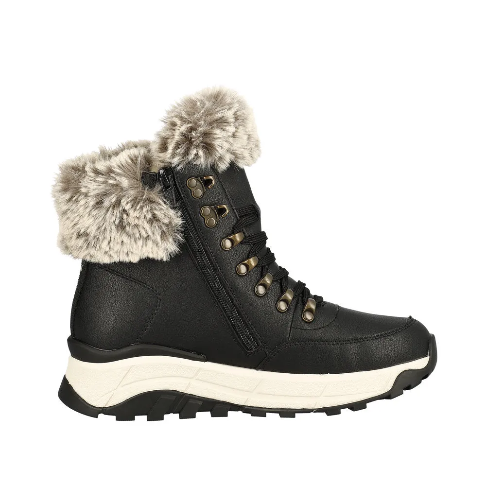 Rieker W0063-00 Ladies Black Leather Water Resistant Zip & Lace Ankle Boots