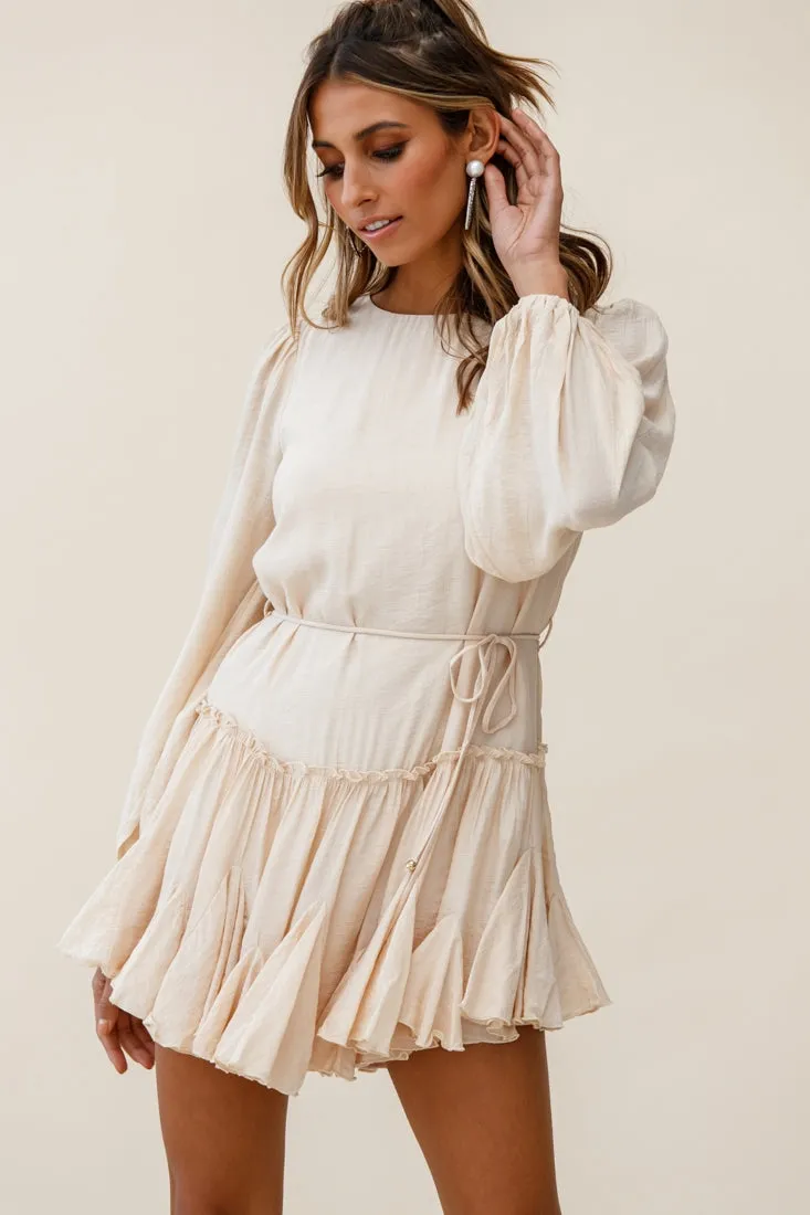 Rosabel Balloon Sleeve Fluted Hem Dress Beige