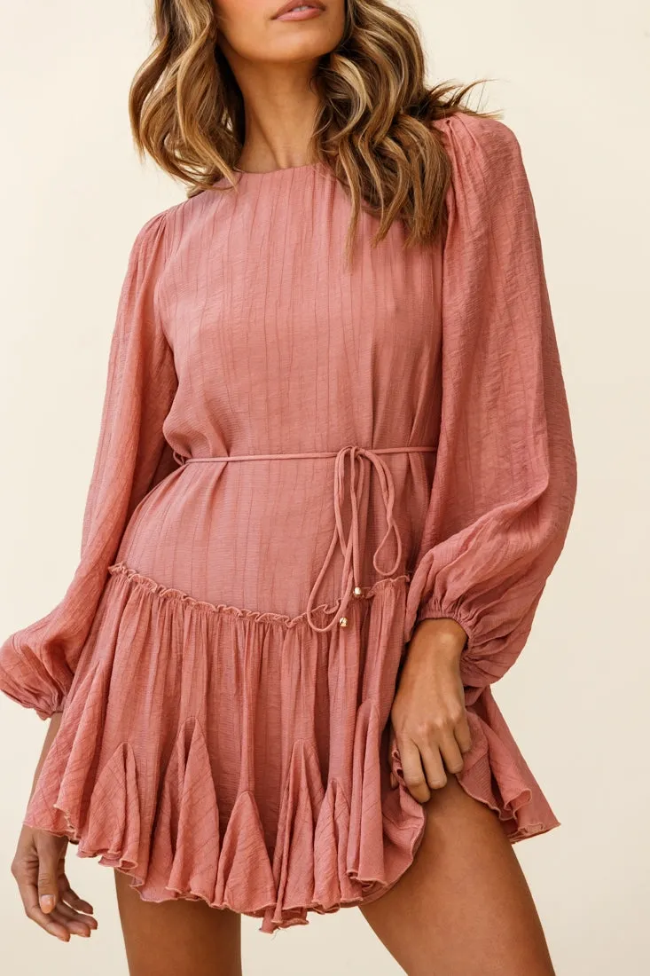 Rosabel Balloon Sleeve Fluted Hem Dress Rose