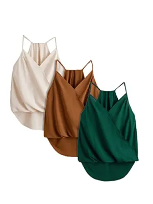 SheIn Women's 3pack Sleeveless High Low Hem Draped Wrap Solid Cami Top White Green Brown Large