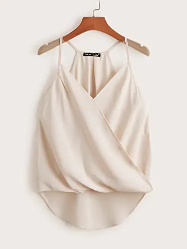 SheIn Women's 3pack Sleeveless High Low Hem Draped Wrap Solid Cami Top White Green Brown Large