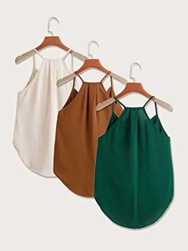 SheIn Women's 3pack Sleeveless High Low Hem Draped Wrap Solid Cami Top White Green Brown Large
