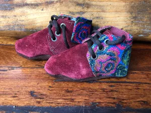 Size 21 Baby Moccasins - Wine with Fluoro Rose
