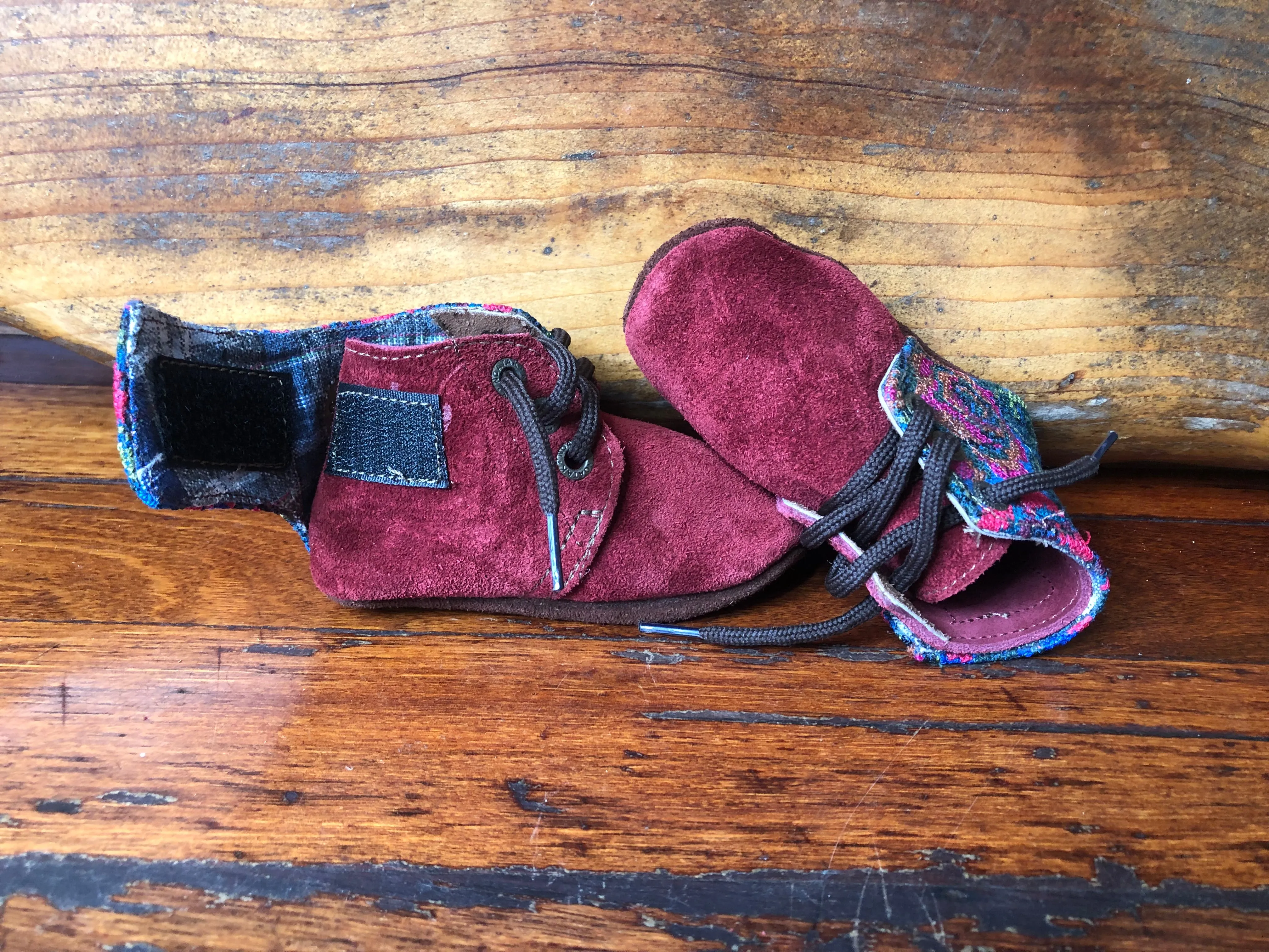 Size 21 Baby Moccasins - Wine with Fluoro Rose
