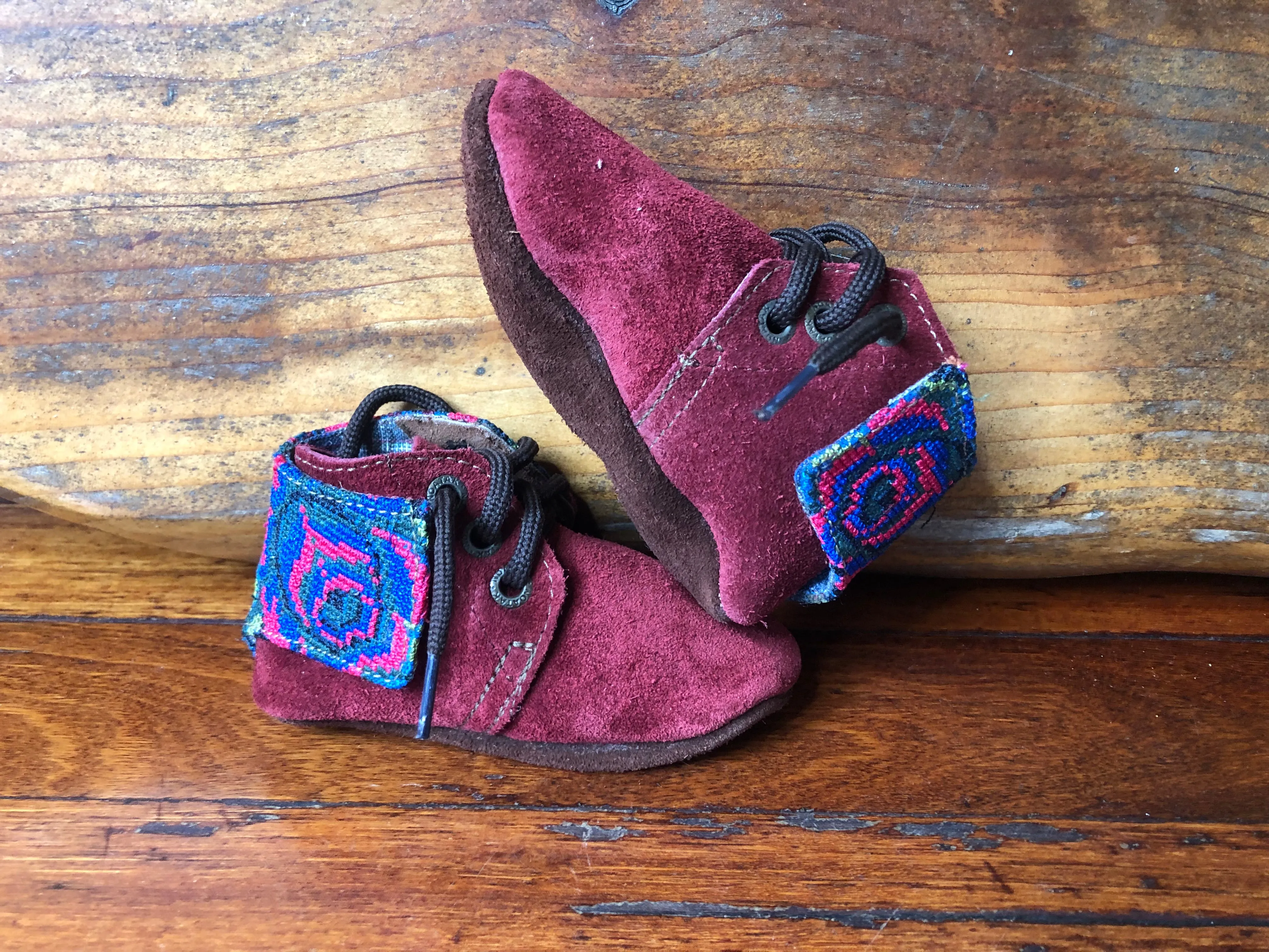 Size 21 Baby Moccasins - Wine with Fluoro Rose