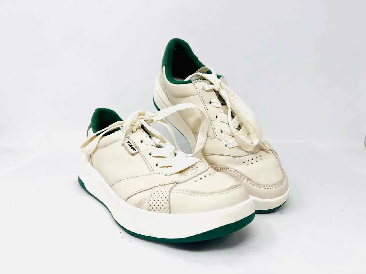Staud Size 6 Cream/Green Lace-Up Leather Shoes Sneakers