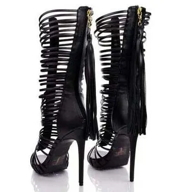 Strap High Heel Fringe Sandals