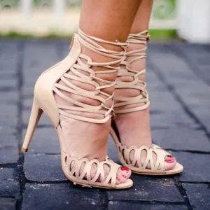 Strap Lace Up Leather High Heel Sandals