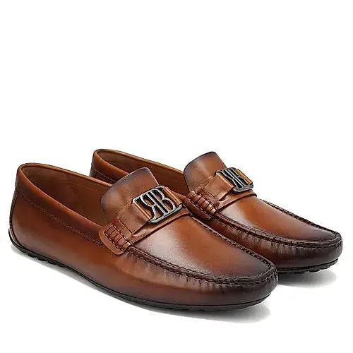 Tan Leather Moccasins With Logo