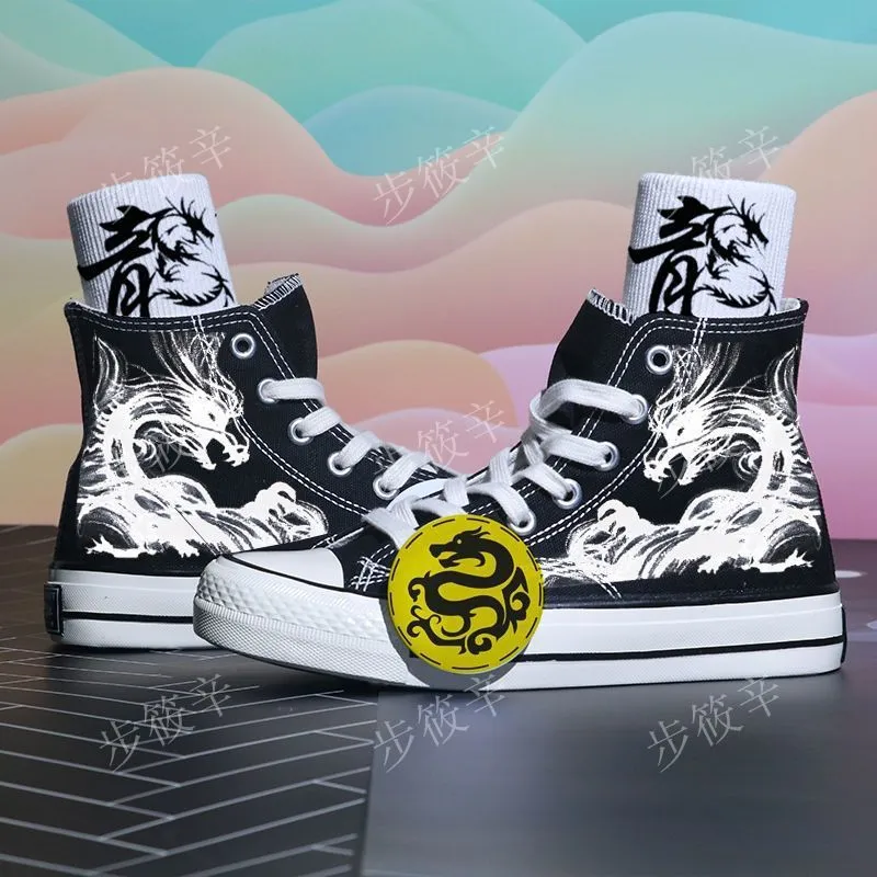 Trendy graffiti ink dragon astronaut canvas shoes
