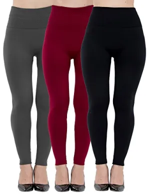Womens Leggings Fleece Lined-High Waist 3 Pack (Black, Charcoal, Wine) - Basic Elastic Ankle Legging, (One Size)