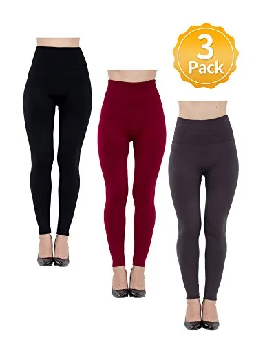 Womens Leggings Fleece Lined-High Waist 3 Pack (Black, Charcoal, Wine) - Basic Elastic Ankle Legging, (One Size)