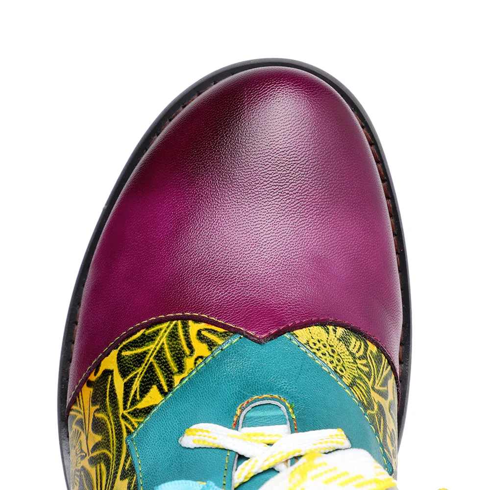 Zalor Bohemian Flower Splicing Pattern Lace Up Leather Low Heel Shoes