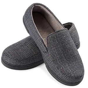 ZIZOR Men's Henry Tartan Slippers with Memory Foam, Cotton Knit House Slippers for Men Slip On, Lightweight Closed Back House Shoes with Indoor Outdoor Anti-Skid Rubber Sole (Brown, 9)