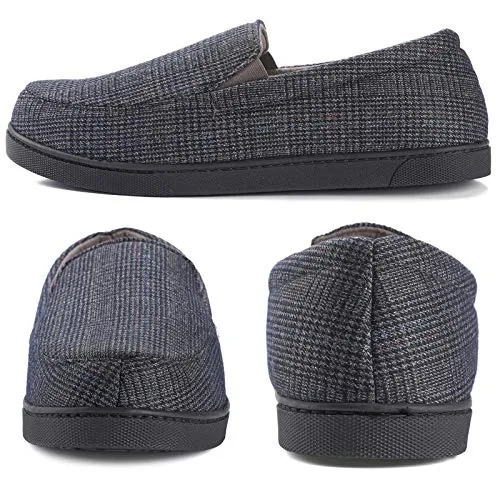 ZIZOR Men's Henry Tartan Slippers with Memory Foam, Cotton Knit House Slippers for Men Slip On, Lightweight Closed Back House Shoes with Indoor Outdoor Anti-Skid Rubber Sole (Brown, 9)