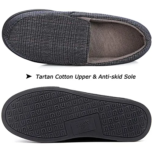 ZIZOR Men's Henry Tartan Slippers with Memory Foam, Cotton Knit House Slippers for Men Slip On, Lightweight Closed Back House Shoes with Indoor Outdoor Anti-Skid Rubber Sole (Brown, 9)