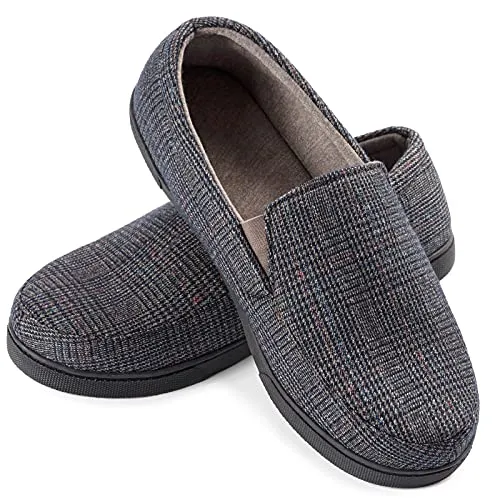 ZIZOR Men's Henry Tartan Slippers with Memory Foam, Cotton Knit House Slippers for Men Slip On, Lightweight Closed Back House Shoes with Indoor Outdoor Anti-Skid Rubber Sole (Brown, 9)