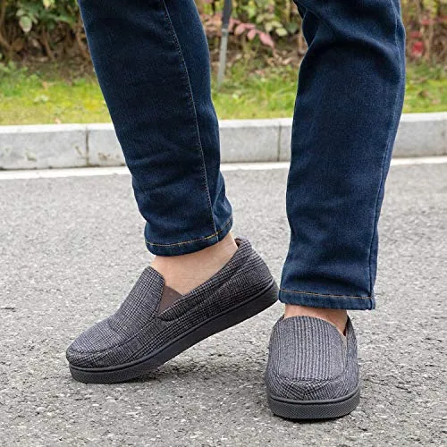 ZIZOR Men's Henry Tartan Slippers with Memory Foam, Cotton Knit House Slippers for Men Slip On, Lightweight Closed Back House Shoes with Indoor Outdoor Anti-Skid Rubber Sole (Brown, 9)